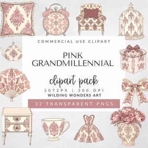 Pink Grandmillennial Clipart Pack for Commercial Use, Cottagecore, Chinoiserie, Vintage Style, Preppy Aesthetic, Romantic Decor