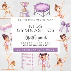 Clipart di ginnastica ad acquerello per uso commerciale, Clipart di ginnastica per bambini, Clipart di ginnastica femminile, Bambina di compleanno viola, Clipart di fitness e sport