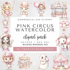Pink Circus Watercolor Clipart Pack for Commercial Use | Pastel Carnival, Cute Animals, Nursery Decor, Baby Shower, Circus Tent, Carousel