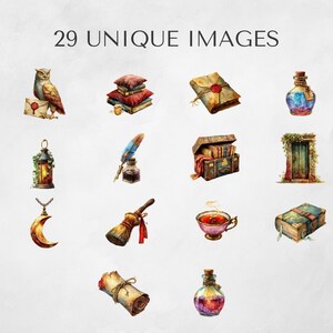 Preview of 29 unique watercolor clipart images including wizard hats, keys, potion bottles, books, owl with envelope, magic door, and fantasy objects for digital download and commercial use.