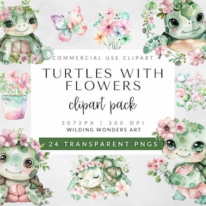 Tortuga bebé con flores clipart para uso comercial, tortuga acuarela, decoración de vivero de animales oceánicos, linda tortuga marina pastel, PNG transparentes