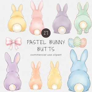 Paquete de imágenes prediseñadas de traseros de conejo pastel para uso comercial, cola de conejo de Pascua PNG, lindos gráficos de animales primaverales (descarga digital)