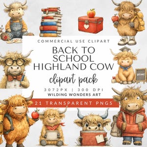 Back to School Highland Kuh Clipart für kommerzielle Nutzung, Lehrer-Grafik, süße Kuh Kunst, Highlander Kuh Schulrucksack (digitaler Download)