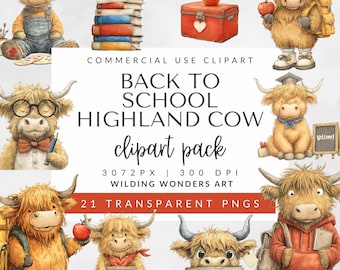 Clipart di mucca delle Highlands per il ritorno a scuola per uso commerciale, grafica per insegnanti, simpatica arte di mucca, zaino scolastico con mucca delle Highlands (download digitale)