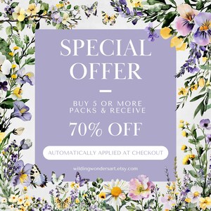 The image is a promotional banner for an online store, featuring a floral border and a purple background. The banner advertises a special offer where customers can buy 5 or more packs and receive 70% off. The offer is automatically applied at checkout, and the website "wilding wonderart.es" is provided for further information.