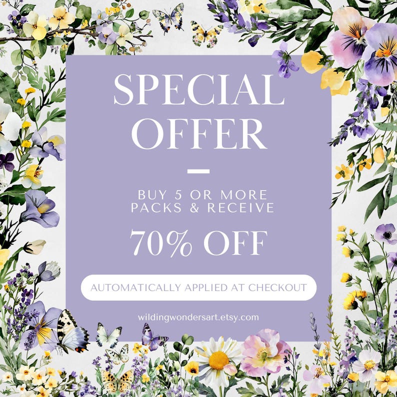 The image is a promotional banner for an online store, featuring a floral border and a purple background. The banner advertises a special offer where customers can buy 5 or more packs and receive 70% off. The offer is automatically applied at checkout, and the website "wilding wonderart.es" is provided for further information.