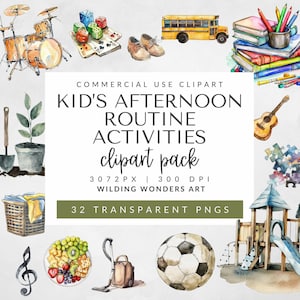 Paquete de imágenes prediseñadas de rutinas de tarde para niños para uso comercial, tabla de rutinas para niños, tabla de tareas imprimible para niños, pegatinas para planificador, acuarela
