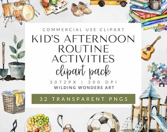 Kids Afternoon Routine Clipart Pack for Commercial Use, Kids Routine Chart, Chore Chart Kids Printable, Planner Stickers, Watercolor