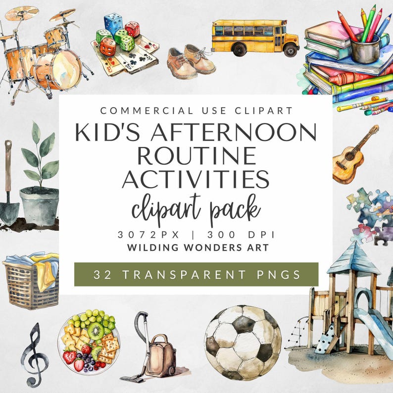 Kids Afternoon Routine Clipart Pack for Commercial Use, Kids Routine Chart, Chore Chart Kids Printable, Planner Stickers, Watercolor image 1