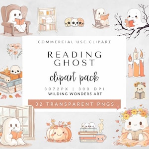 Pack de cliparts de fantômes de lecture pour un usage commercial, fantômes d'Halloween mignons, dessins d'amateurs de livres, sublimation PNG, professeur d'Halloween