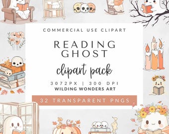 Reading Ghost Clipart Pack for Commercial Use, Cute Halloween Ghosts, Book Lover Designs, Sublimation PNG, Halloween Teacher