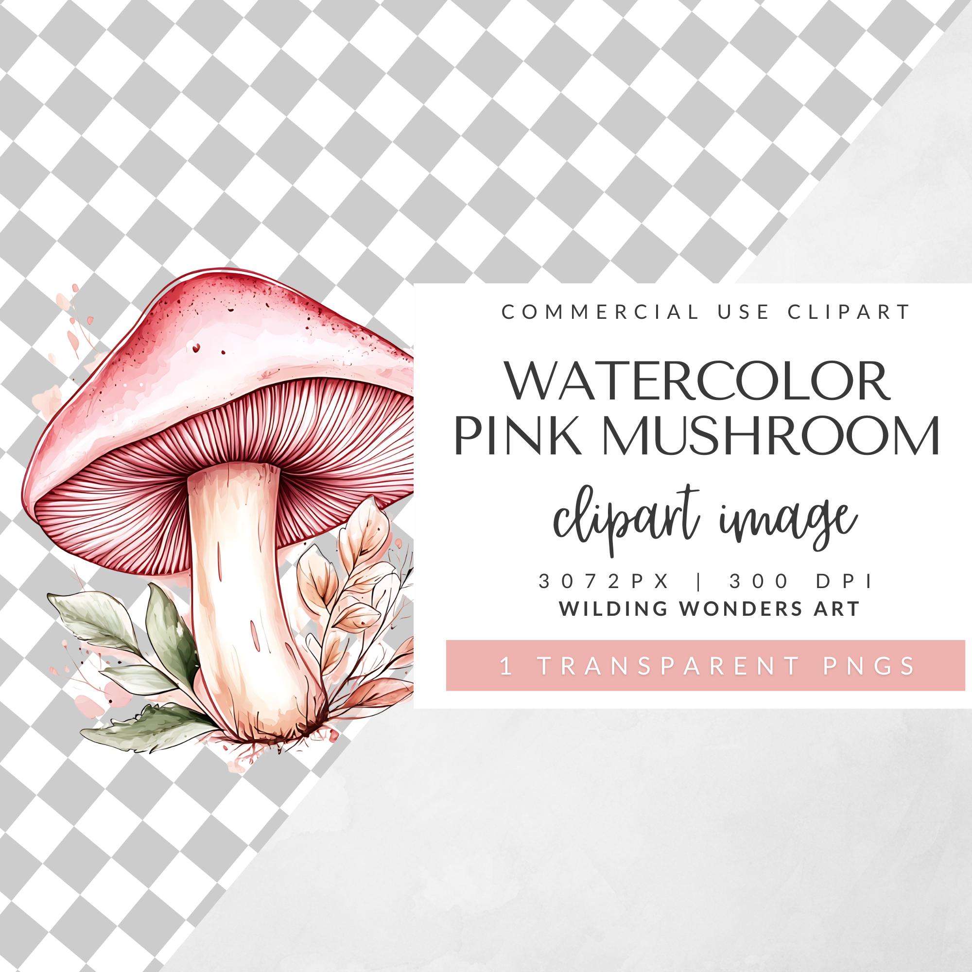 Pink Mushroom Clipart for Commercial Use, Watercolor Fairy Garden Art ...