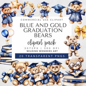 Niebieskie i złote niedźwiedzie ukończenia szkoły Clipart Pack do użytku komercyjnego, Graduation Clipart, Teddy Bear PNG, Graduate Bear, DIGITAL DOWNLOAD