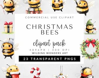 Clipart de abeja navideña para uso comercial, diseño de sublimación, imágenes navideñas, ilustraciones de abejorros.