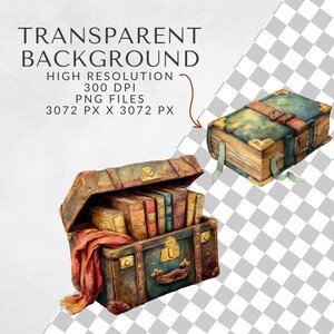 Close-up of watercolor books and vintage treasure chest with transparent background preview; high resolution 300 DPI PNG files perfect for sublimation, print-on-demand, and digital designs.