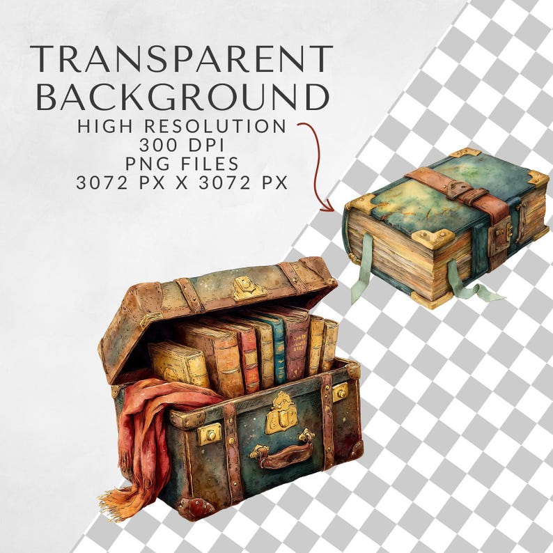 Close-up of watercolor books and vintage treasure chest with transparent background preview; high resolution 300 DPI PNG files perfect for sublimation, print-on-demand, and digital designs.
