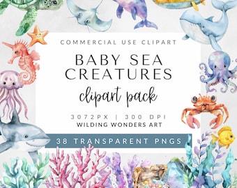 Baby Sea Creatures Clipart for Commercial Use, Sea Animals Clipart, Under the Sea, Ocean Animals Nursery, Cute Sea Creatures, Underwater Art