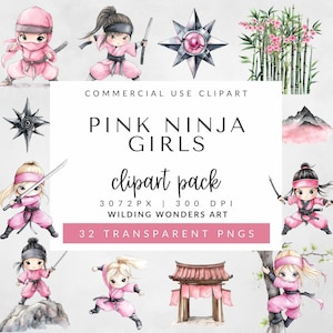 Pink Ninja Girls Clipart for Commercial Use, Sumarai Warrior Clipart, Watercolor Cute Ninja Clipart, Karate Girl Images, Martial Arts Girl