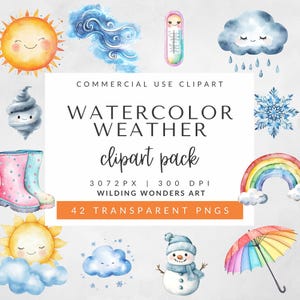 Watercolor Weather Clipart for Commercial Use, Rainbow Clouds Thunderstorm Tornado, Kids Wall Art, Classroom Graphics, DIGITAL DOWNLOAD