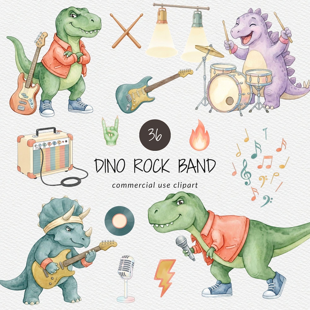 Dino Rock Band Clipart Pack for Commercial Use, Cute Dinosaur Music PNG ...