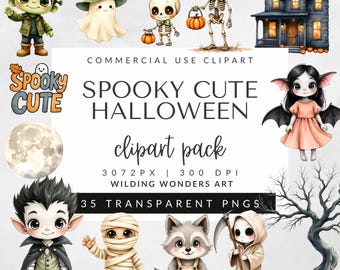 Spooky Cute Halloween Clipart Pack, Cute Monsters & Props PNG Set, Watercolor Halloween Graphics (Digital Download)