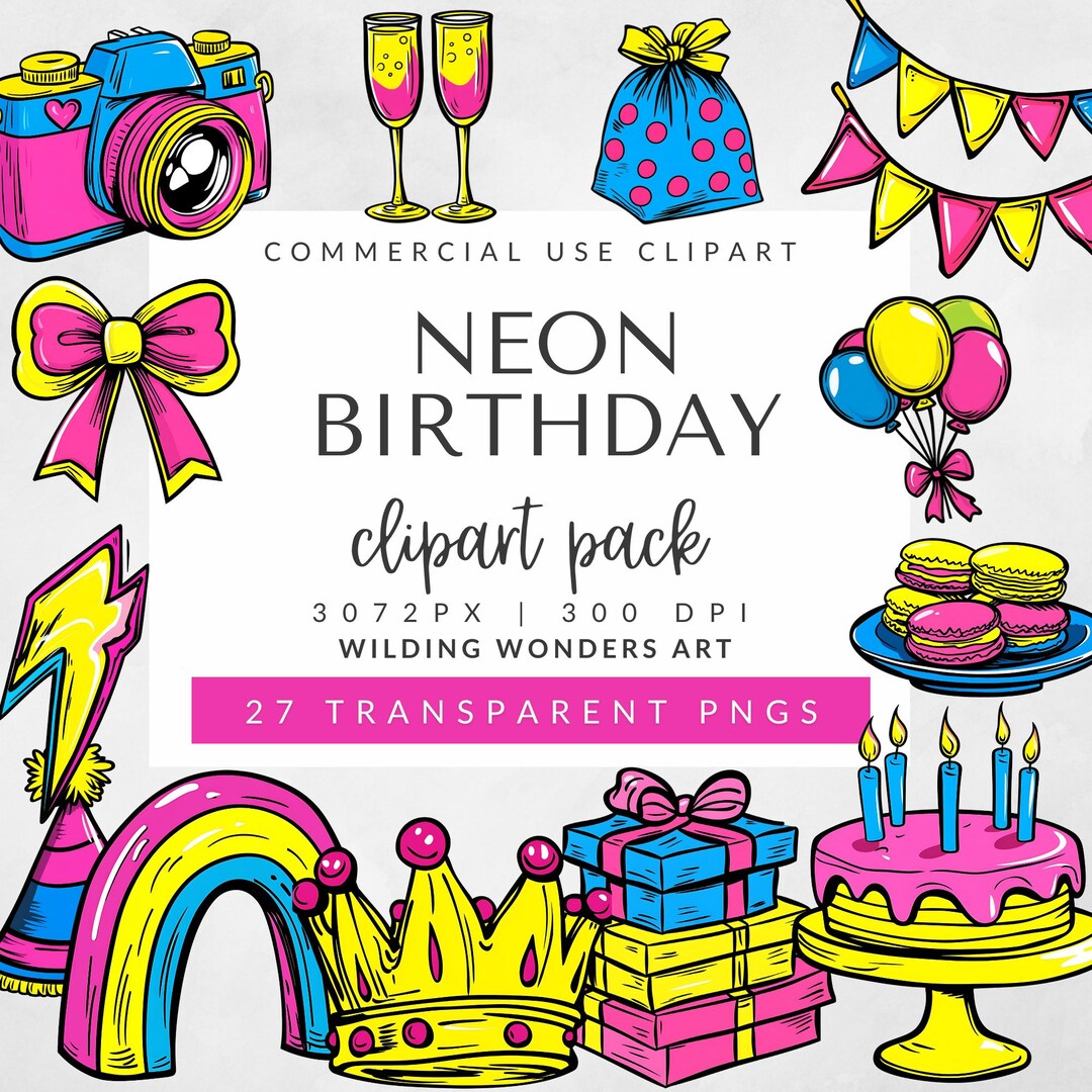 Neon Birthday Bash Clipart Pack for Commercial Use, Birthday Clipart ...