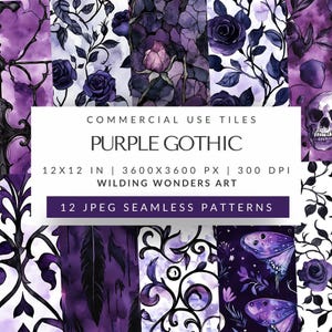 Purple Gothic Seamless Pattern Backgrounds, Skull Roses, Gothic Garden, Halloween Digital Paper, Seamless Floral, DIGITAL DOWNLOAD