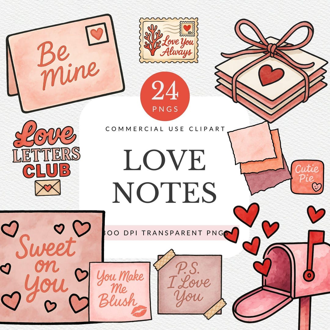 Love Notes Clipart Pack for Commercial Use, Romantic Valentine Pngs ...