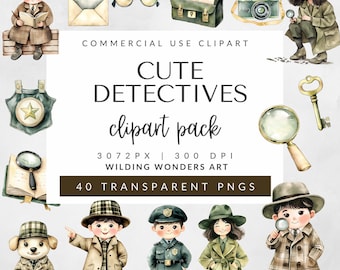 Watercolor Detective Clipart Pack for Commercial Use, Secret Agent, Cute Spy Png, Mystery, Private Investigator, Police, DIGITAL DOWNLOAD