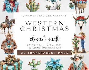 Western Christmas Clipart Pack für kommerzielle Nutzung, Cowboy Santa, Weihnachtskaktus, Howdy Christmas, Landurlaub, Cowgirl PNG Design