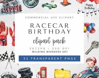 Pacote de clipart de aniversariante de carro de corrida em aquarela para uso comercial, clipart de corrida de carros esportivos, carro de corrida vintage, arquivos PNG digitais transparentes