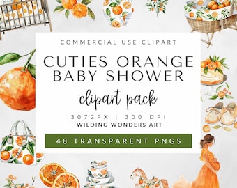 Cutie Orange Clipart Bundle for Commercial Use, Watercolor Tangerine & Orange Blossoms, Baby Shower SVG, Citrus Transparent PNG Graphics