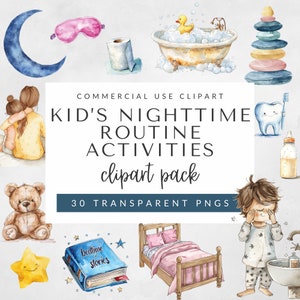 Kids Night Routine Clipart Commercial Use, Children's Bedtime Illustrations, Whimsical Watercolor Graphics, Instant Download, PNG Assets