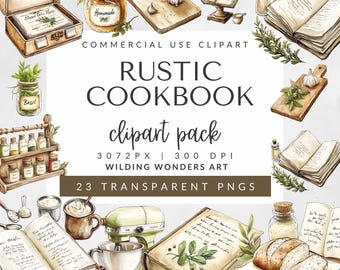Rustic Cookbook Clipart Pack for Commercial Use, Cook Book Clipart, Food Illustration, Baking Clipart, Kitchen Clipart, DIGITAL DOWNLOAD