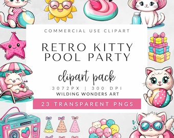 Kawaii Kitty Pool Party Clipart Pack for Commercial Use, Retro Kitty Clipart, Cute Cat Clipart, Pool Birthday Party Images, White Kitty PNG