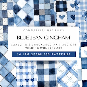 Blue Jean Bow Digital Paper Pack for Commercial Use, Seamless Denim Patterns, Checkered Heart Digital Backgrounds, DIGITAL DOWNLOAD