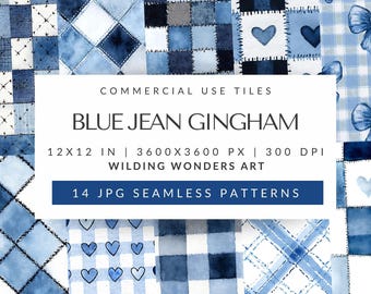Blue Jean Bow Digital Paper Pack for Commercial Use, Seamless Denim Patterns, Checkered Heart Digital Backgrounds, DIGITAL DOWNLOAD