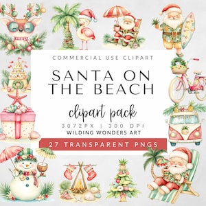 Pacote de clipart de Papai Noel na praia para uso comercial, Natal tropical, férias de verão, clipart costeiro, download digital, Papai Noel da praia PNG
