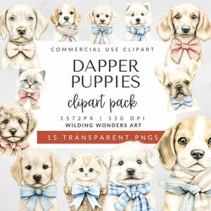 Paquete de imágenes prediseñadas de cachorros elegantes para uso comercial, arte canino del 4 de julio, amantes de las mascotas, sublimación de cachorros adorables, perros con moños, descarga digital