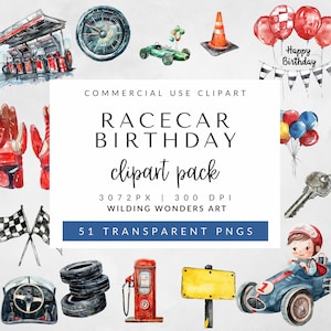 Aquarell Rennauto Geburtstagskind Clipart Bundle für kommerzielle Nutzung, Sportwagen Racing Clipart, Vintage Rennauto, digitale transparente PNG-Dateien