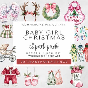 Clipart de roupas de Natal para meninas para uso comercial, clipart festivo em aquarela, bebê de férias, decoração festiva de berçário, roupas de Natal