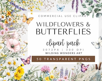 Wildflowers & Butterflies Clipart Pack for Commercial Use, Watercolor Flowers, Bees, Seamless Pattern, Boho Floral Clipart, DIGITAL DOWNLOAD