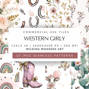 Western Girly Seamless Pattern Pack for Commercial Use, Cowgirl Digital Paper, Coquette Fabric Design (Digital Download)