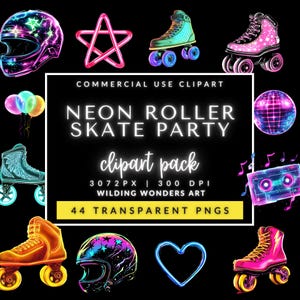 Neon Roller Skate Party Clipart, Neon Rollers, Skater Girl Art, Glow In The Dark Party Decor, Digital Download, Neon Birthday PNG
