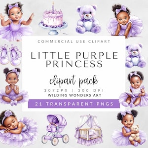 Paarse babyjurk clipartpakket voor commercieel gebruik, Black Girl Princess, zwarte babyshower clipart, baby in paarse jurk, schattige baby lavendel