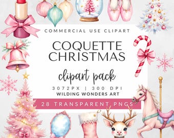 Coquette Christmas Clipart Pack for Commercial Use, Pink Retro Holiday Graphics, Girly Christmas Tree PNGs, (Digital Download)