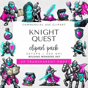 Knight Quest Clipart Pack for Commercial Use, Medieval Fantasy Clipart, Sword Clipart, Pink Teal Purple, Knight Graphics, DIGITAL DOWNLOAD