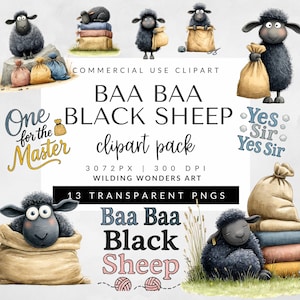 Pacote de clipart de ovelha negra Baa Baa para uso comercial, arte de rima infantil, ovelha fofa PNG, aquarela infantil (download digital)
