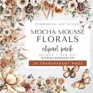 Mocha Mousse Florals Clipart Pack for Commercial Use, Neutral Floral PNG, Vintage Aesthetic Flowers, Rustic Wedding Graphic DIGITAL DOWNLOAD