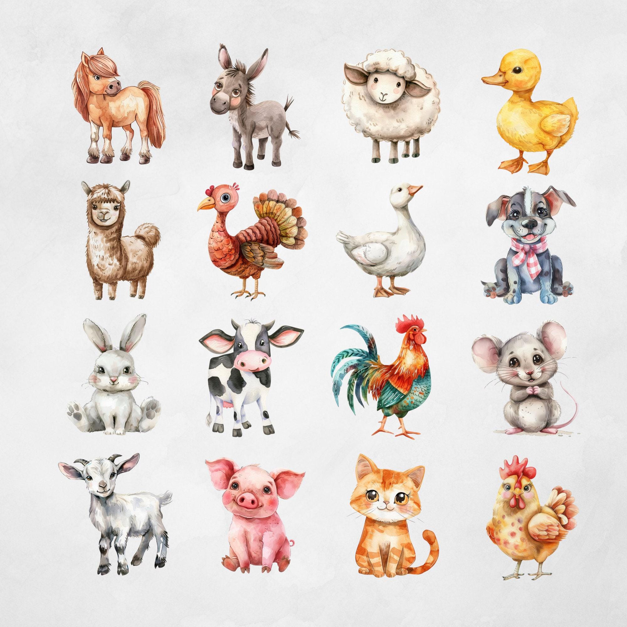 Watercolor Farm Animals Clipart Pack Commercial Use, Cute Nursery Decor ...